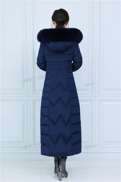 Design Long Down Coat with Fur Collar Navy Blue Down Jacket - 21