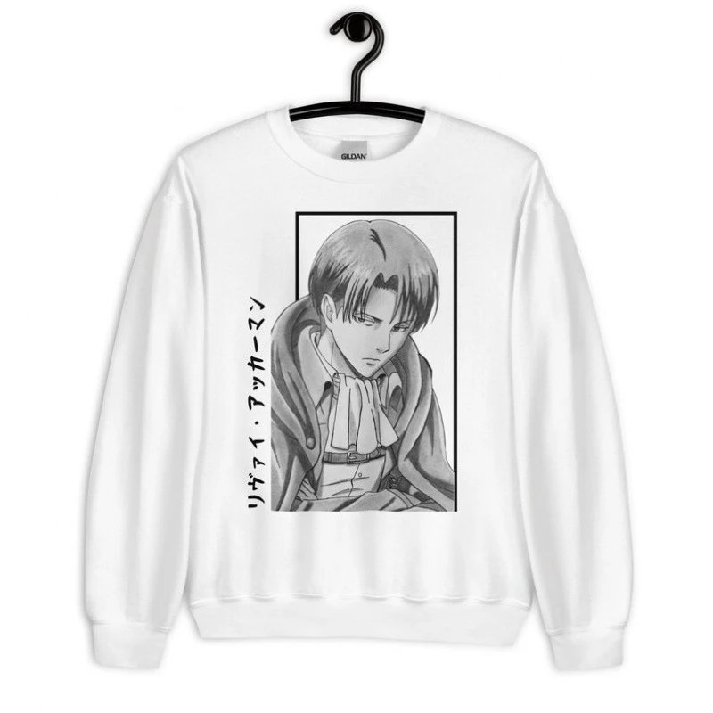 Gildan Crewneck Sweatshirt with Levi Ackerman Manga Print White Hoodie