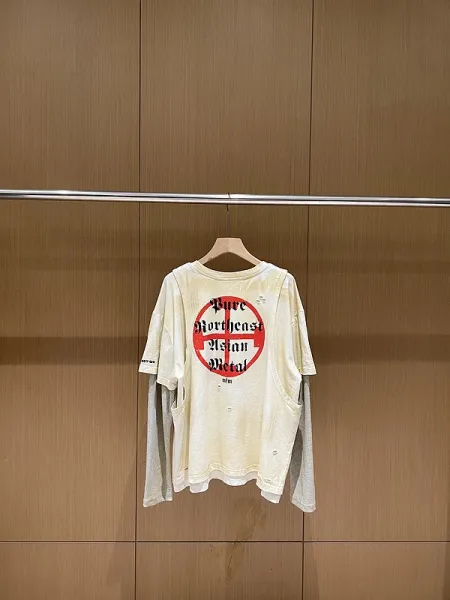 Design Layered Long Sleeve T-Shirt with Iron Cross and Anti-Morality Graphic Beige - 4