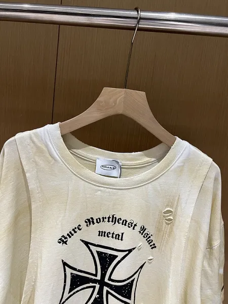 Design Layered Long Sleeve T-Shirt with Iron Cross and Anti-Morality Graphic Beige - 9