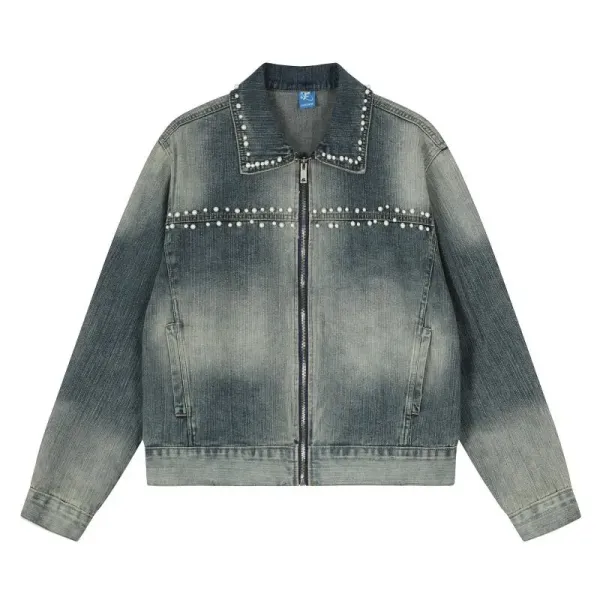 Design Denim Jacket with Pearl Embellishment Gray - 1