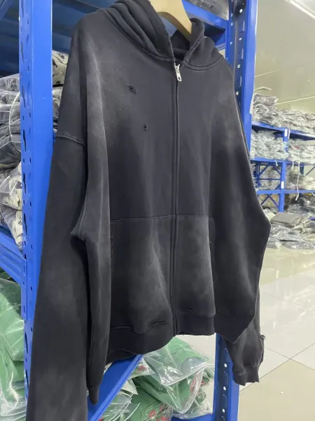 Design Distressed Oversized Zip-Up Hoodie Black - 10