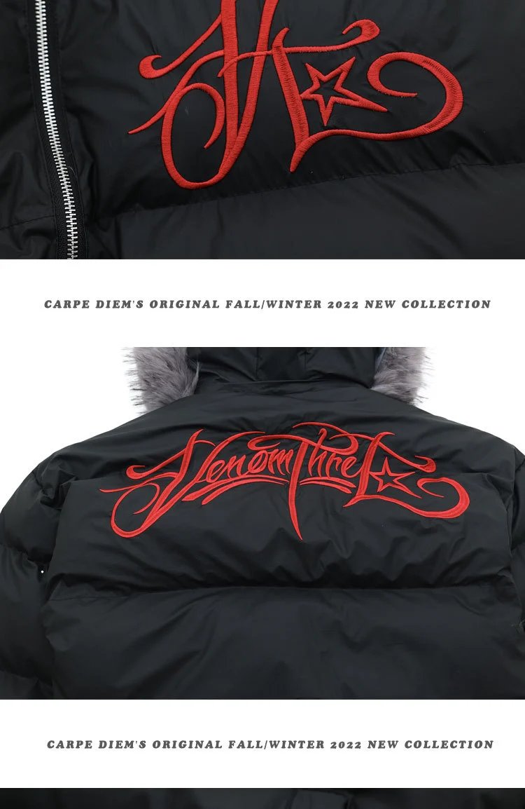 Design Puffer Jacket with Faux Fur Hood and Red Embroidered Logo Black Down-Jacket - 6