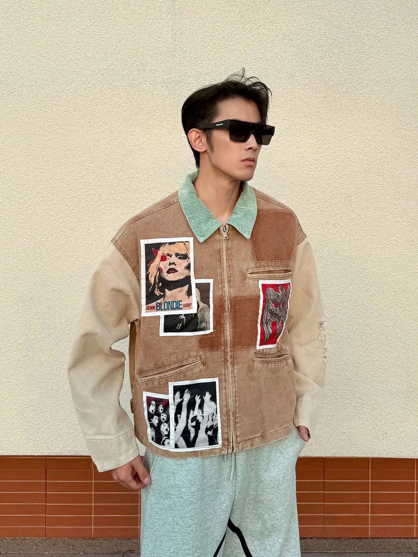 Design Patchwork Denim Jacket Beige Multicolor Outerwear - 5