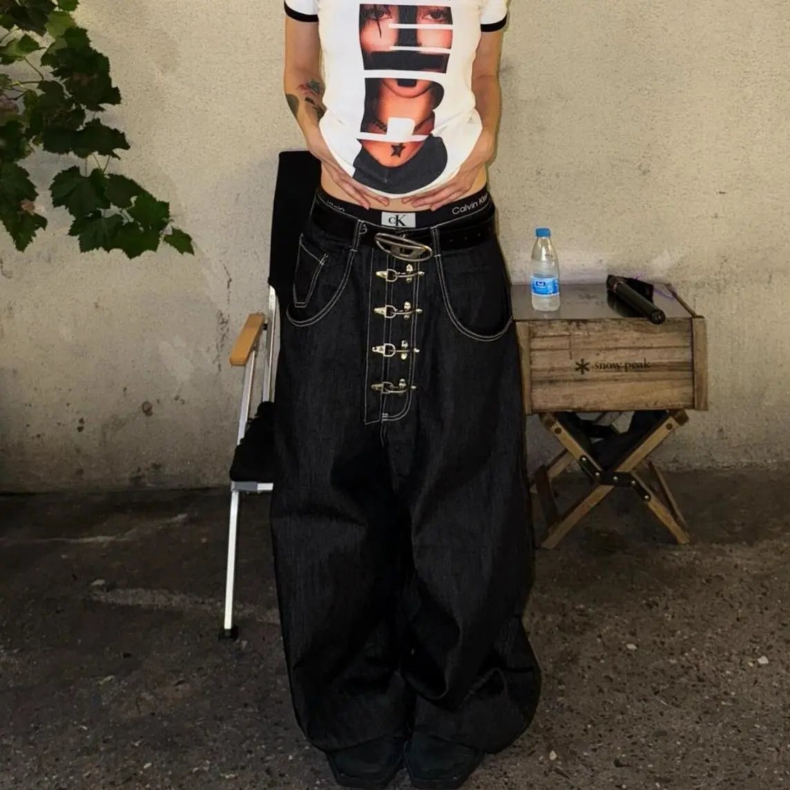 Calvin Klein x Custom Wide-Leg Denim Pants with Metal Buckle Front Black Jeans
