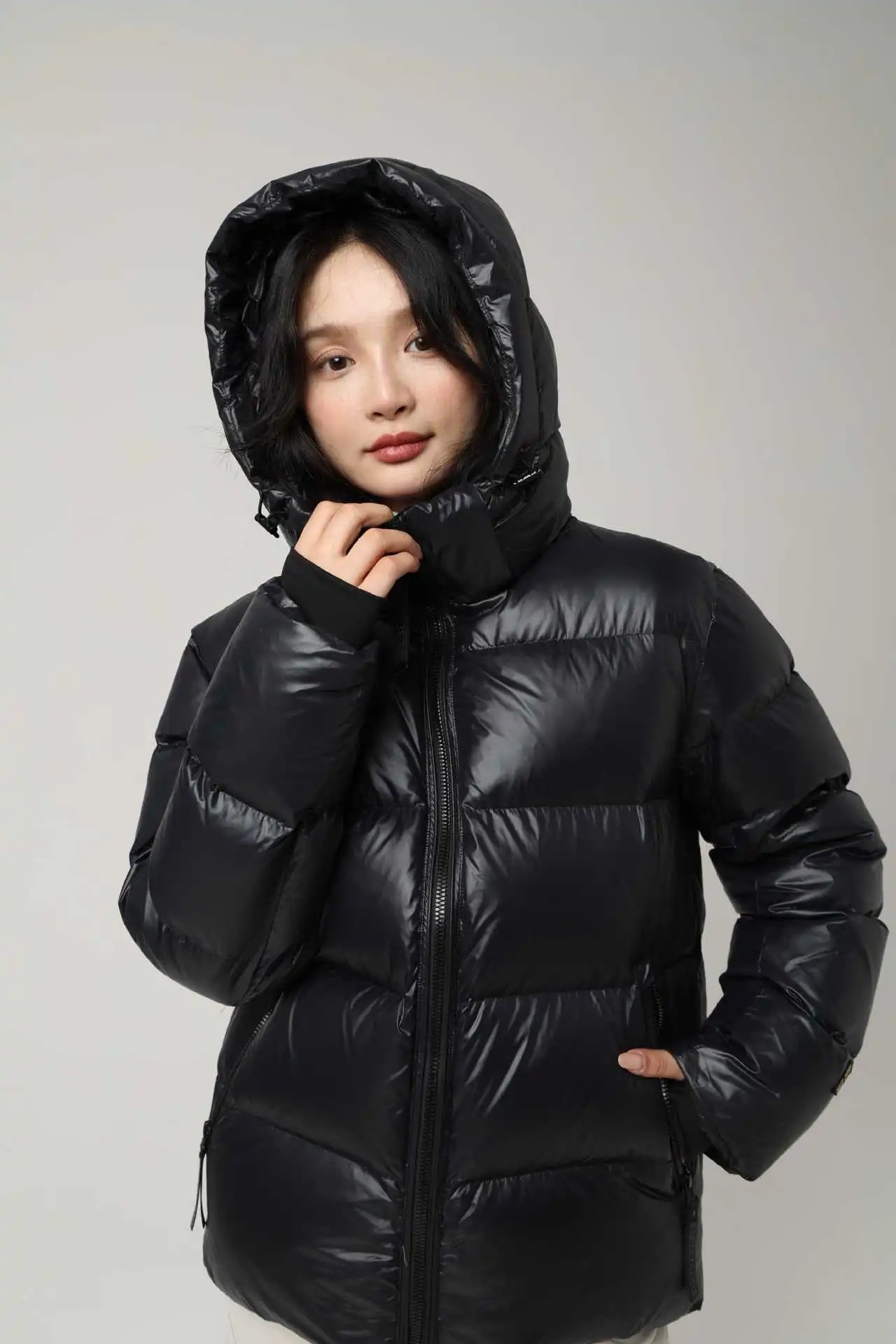Design Black Glossy Down Jacket with Hood Down Jacket - 11
