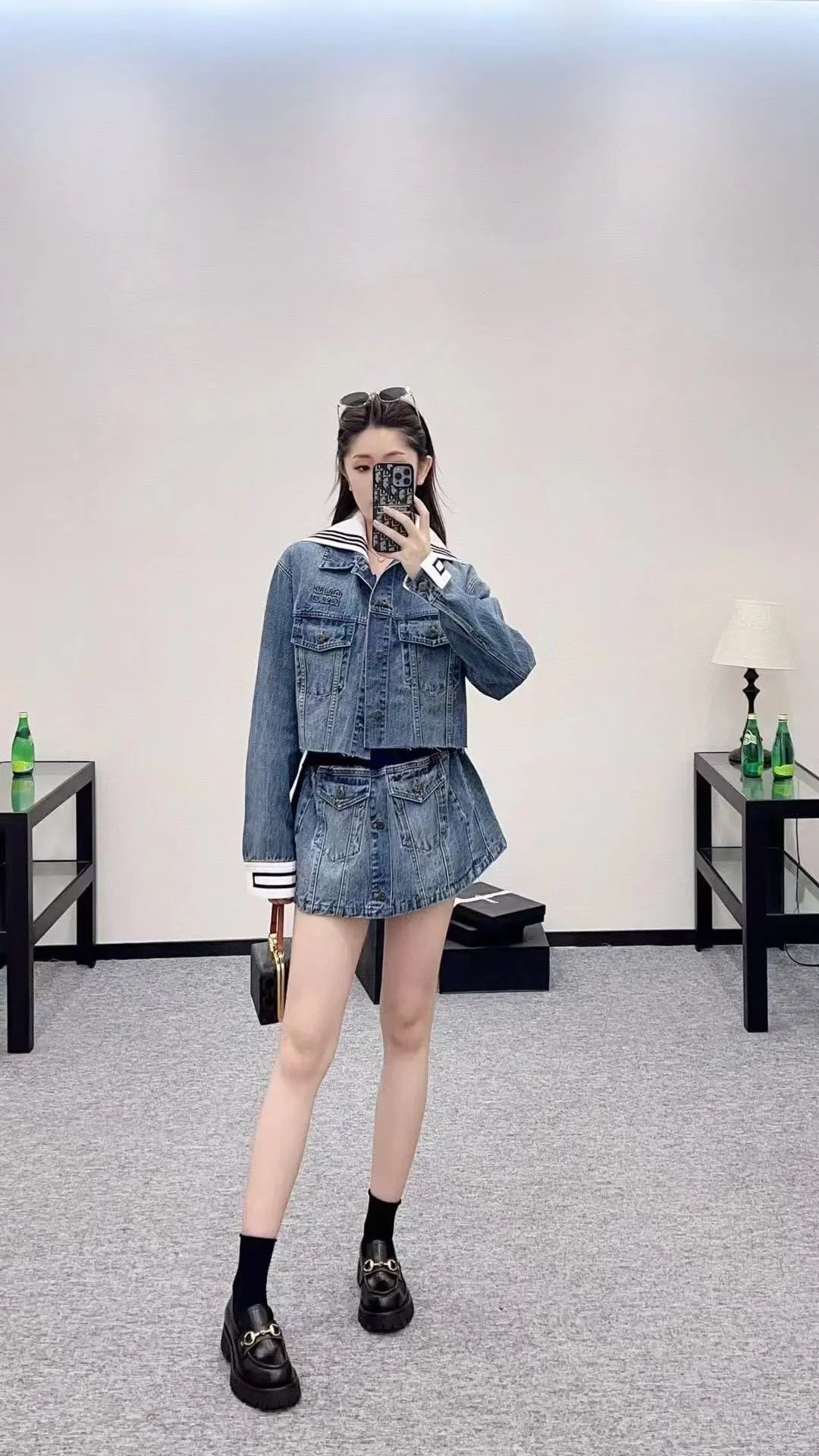 Design Denim Sailor Collar Jacket and Skirt Set in Medium Wash Blue - 3