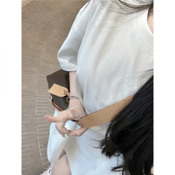 Design Oversized White T-Shirt with Tan Strap Bag - 1