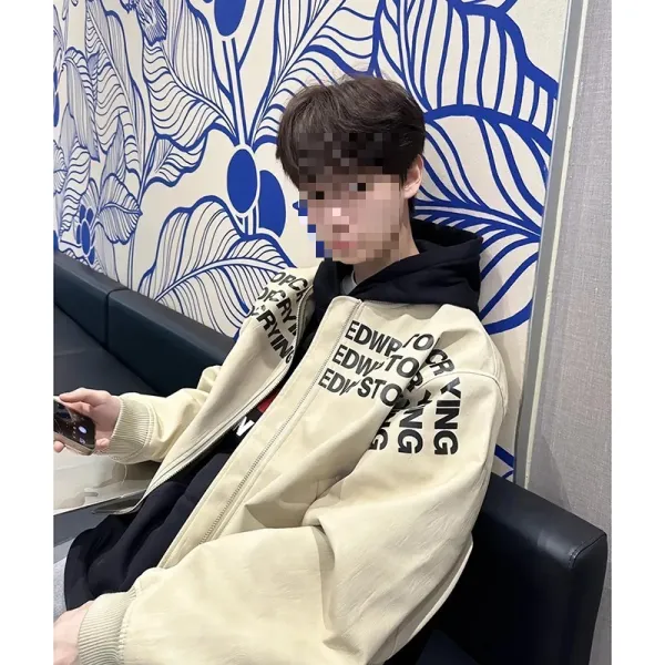 Design EDWP Oversized Graphic Print Beige Bomber Jacket Outerwear.jacket - 1
