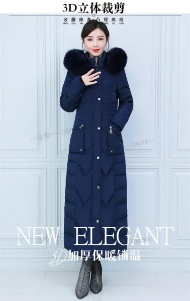 Design Long Down Coat with Fur Collar Navy Blue Down Jacket - 4
