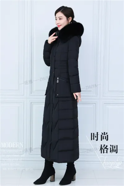 Design Long Down Coat with Fur Collar Navy Blue Down Jacket - 12