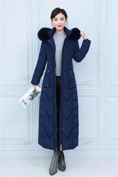 Design Long Down Coat with Fur Collar Navy Blue Down Jacket - 19