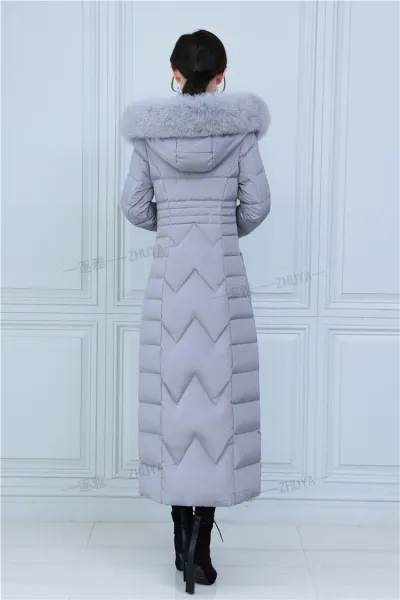 Design Long Down Coat with Fur Collar Navy Blue Down Jacket - 26
