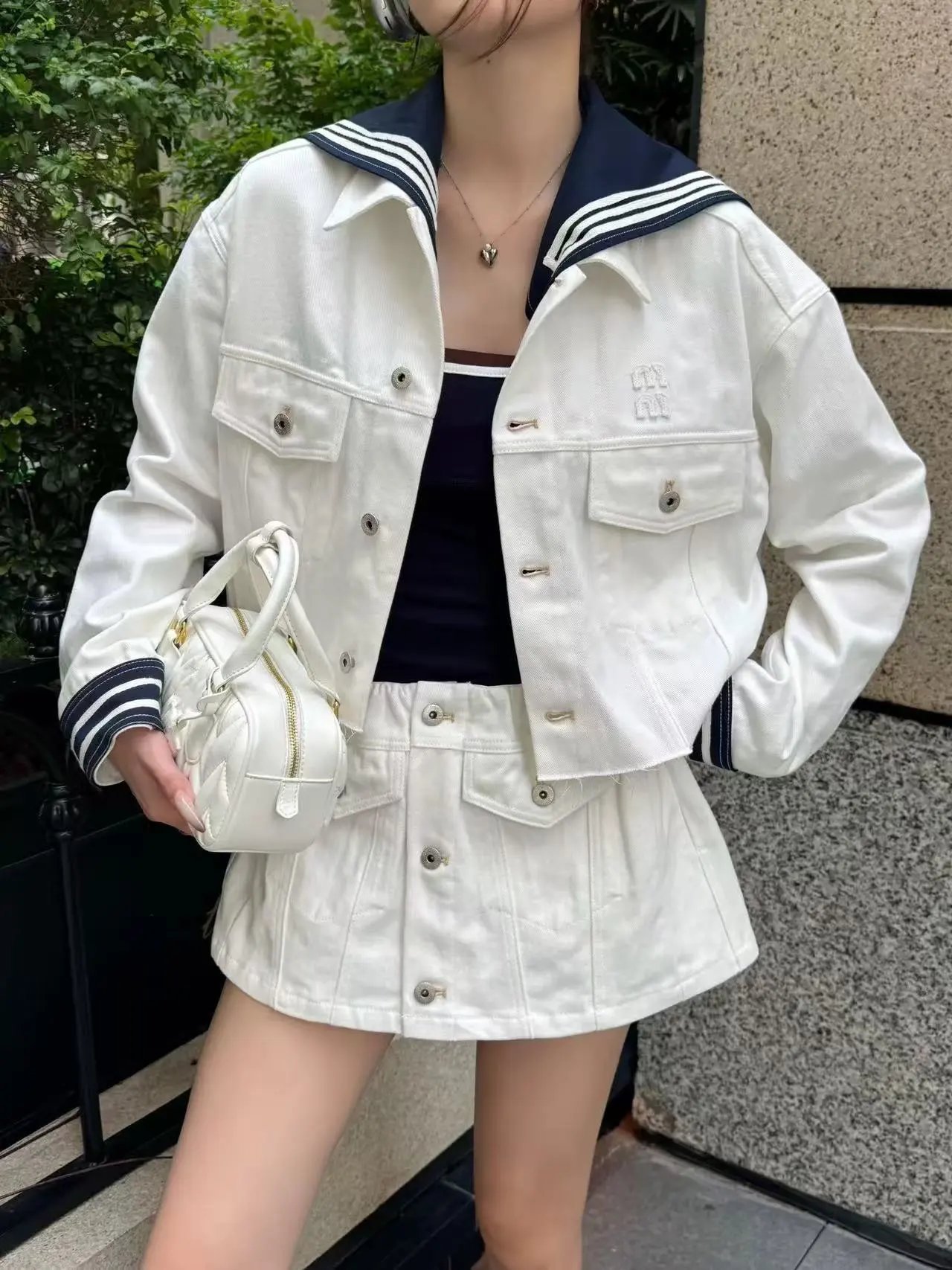 Design Denim Sailor Collar Jacket and Skirt Set in Medium Wash Blue - 7