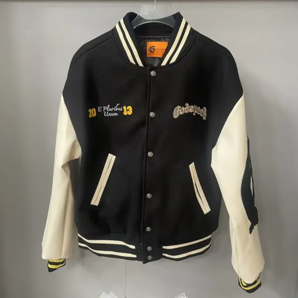 Godspeed Varsity Jacket Black and Beige Embroidered Letterman Jacket Outerwear - 6