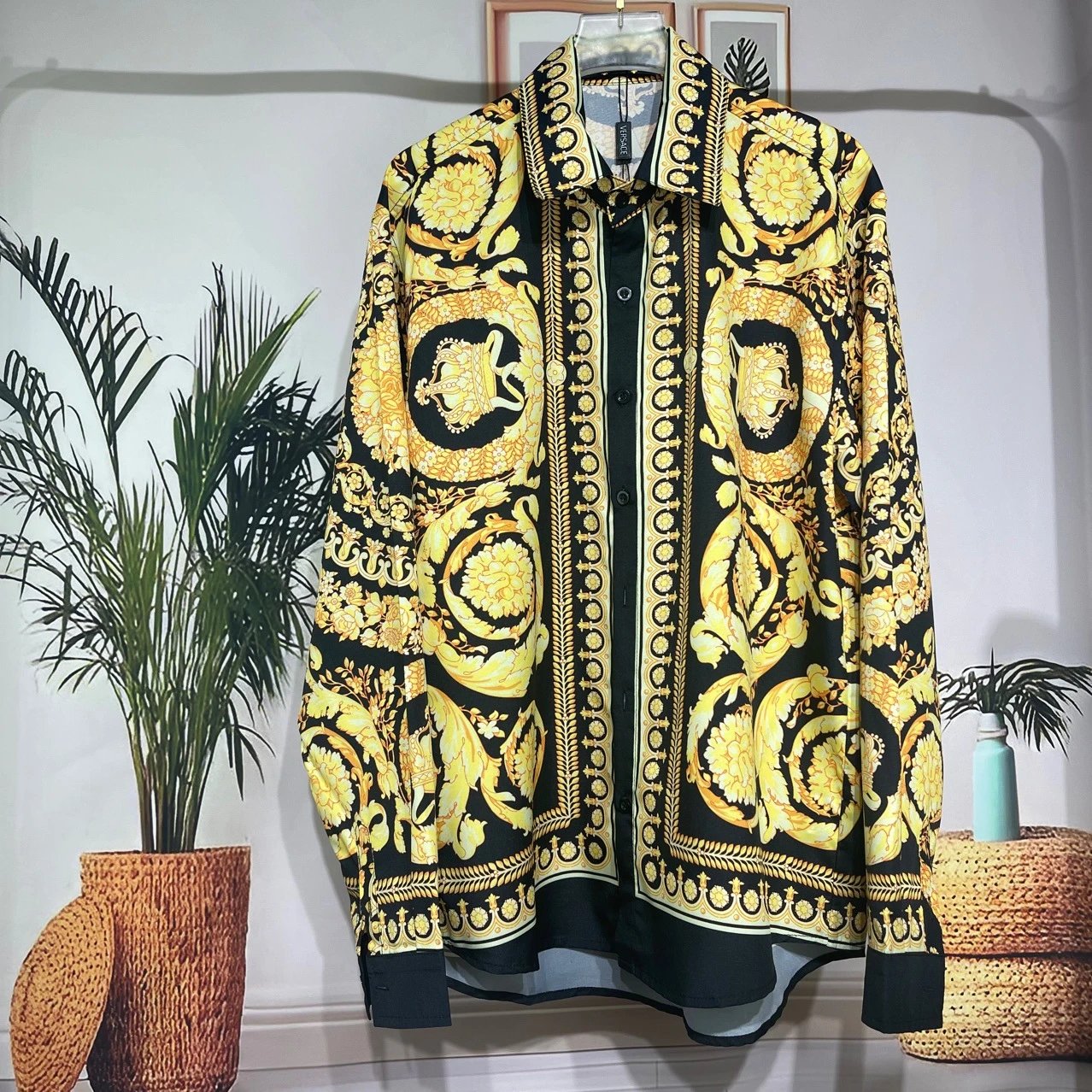 Versace Baroque Print Silk Shirt Black and Gold