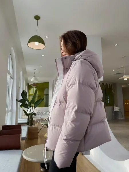 Design Down Jacket in Dusty Pink with Hood and Zippered Front Outerwear.down Jacket - 3