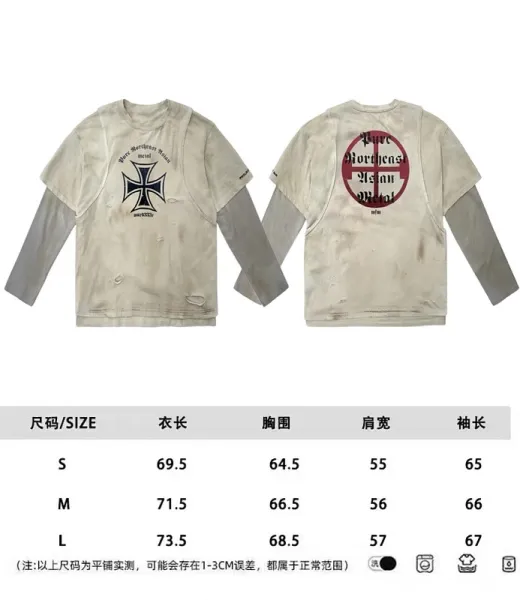 Design Layered Long Sleeve T-Shirt with Iron Cross and Anti-Morality Graphic Beige - 2