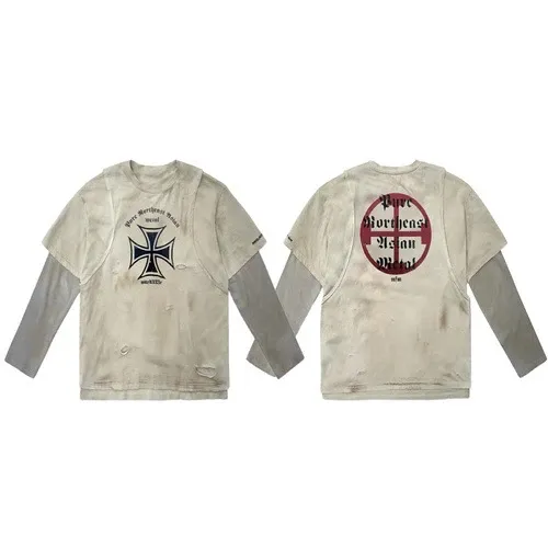 Design Layered Long Sleeve T-Shirt with Iron Cross and Anti-Morality Graphic Beige - 1