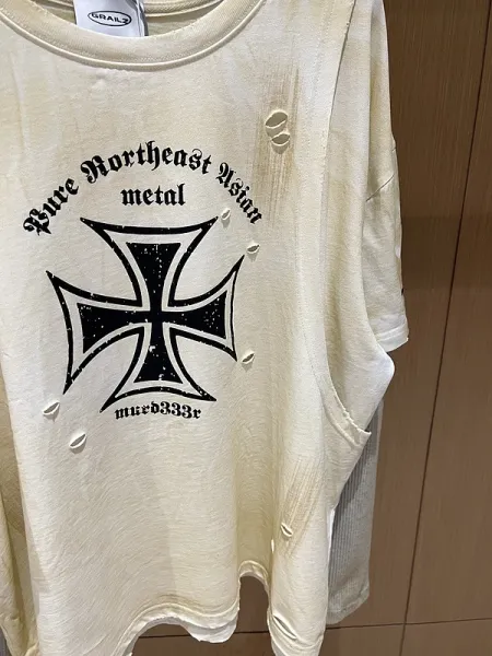 Design Layered Long Sleeve T-Shirt with Iron Cross and Anti-Morality Graphic Beige - 10