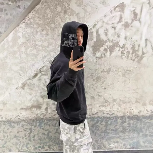Design Distressed Oversized Zip-Up Hoodie Black - 27