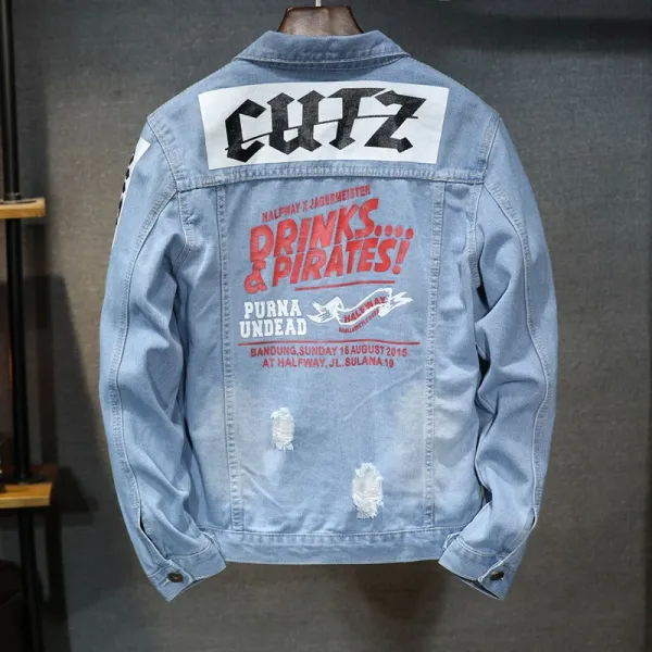 Design Cutz Drinks & Pirates Denim Jacket Light Blue Denim Jacket - 1