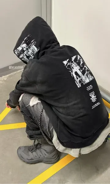 Design Distressed Oversized Zip-Up Hoodie Black - 25