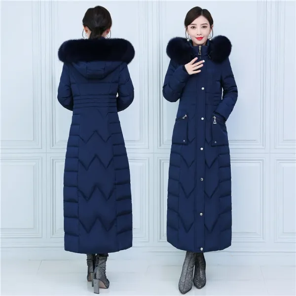 Design Long Down Coat with Fur Collar Navy Blue Down Jacket - 1