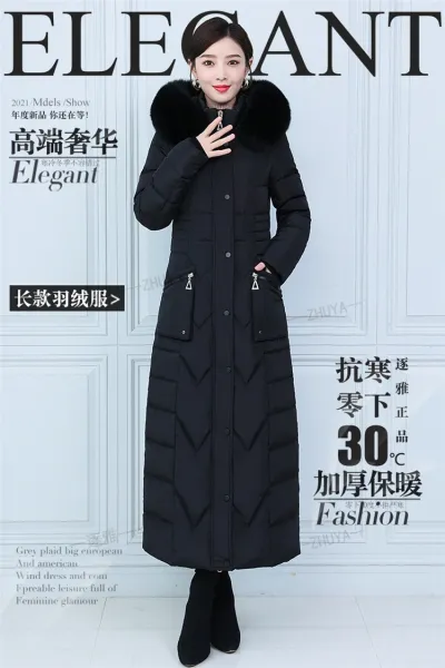 Design Long Down Coat with Fur Collar Navy Blue Down Jacket - 2