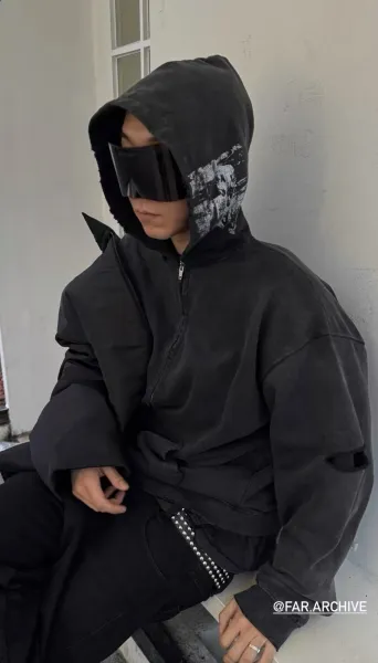 Design Distressed Oversized Zip-Up Hoodie Black - 31