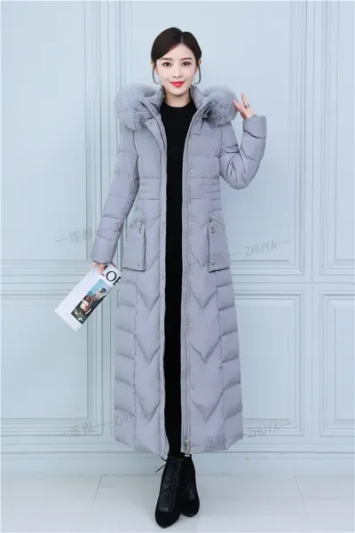 Design Long Down Coat with Fur Collar Navy Blue Down Jacket - 24