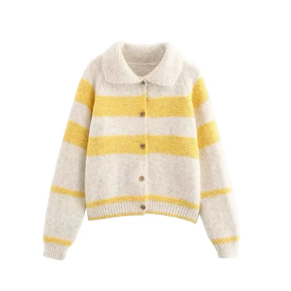 Design Striped Collar Cardigan Yellow and White Knit Cardigan - 6