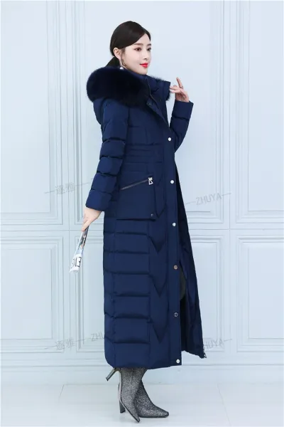 Design Long Down Coat with Fur Collar Navy Blue Down Jacket - 18