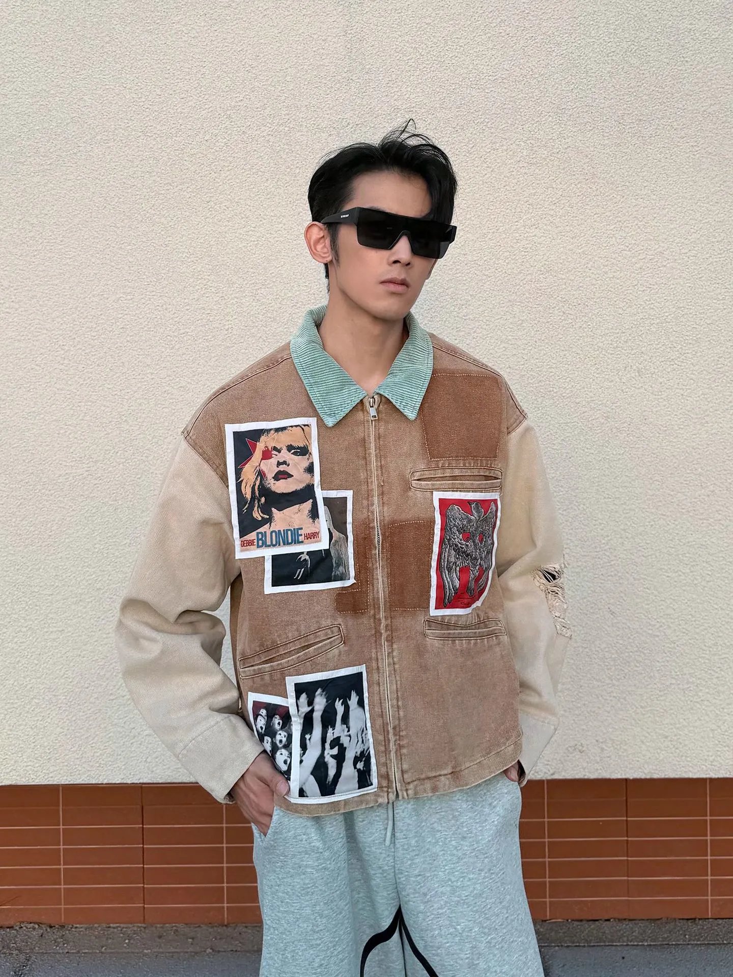 Design Patchwork Denim Jacket Beige Multicolor Outerwear - 6