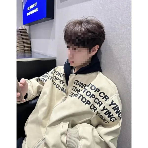 Design EDWP Oversized Graphic Print Beige Bomber Jacket Outerwear.jacket - 6