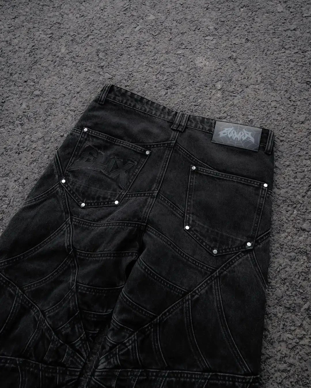 Design Spiderweb Stitched Black Wide-Leg Jeans - 17