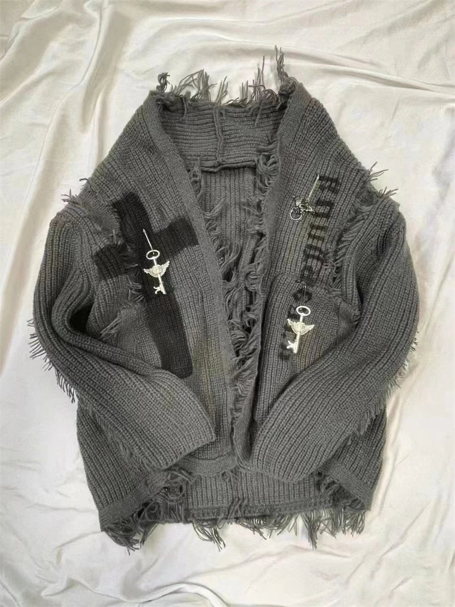 Design Cain Distressed Knit Cardigan Gray Outerwear.cardigan - 3