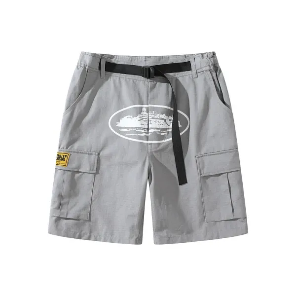 Design Cargo Shorts Gray with Ship Print and Belt - 1