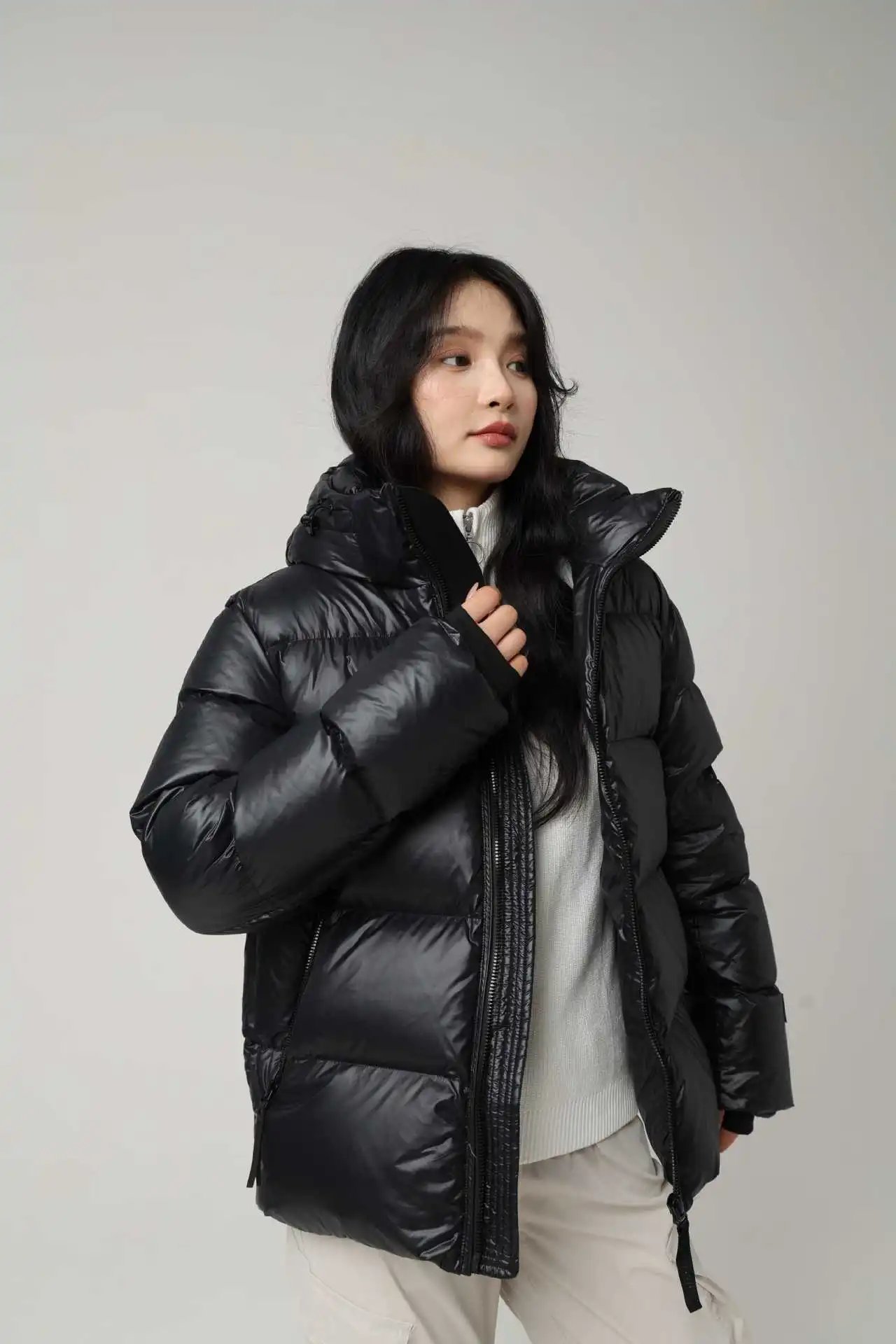 Design Black Glossy Down Jacket with Hood Down Jacket - 9