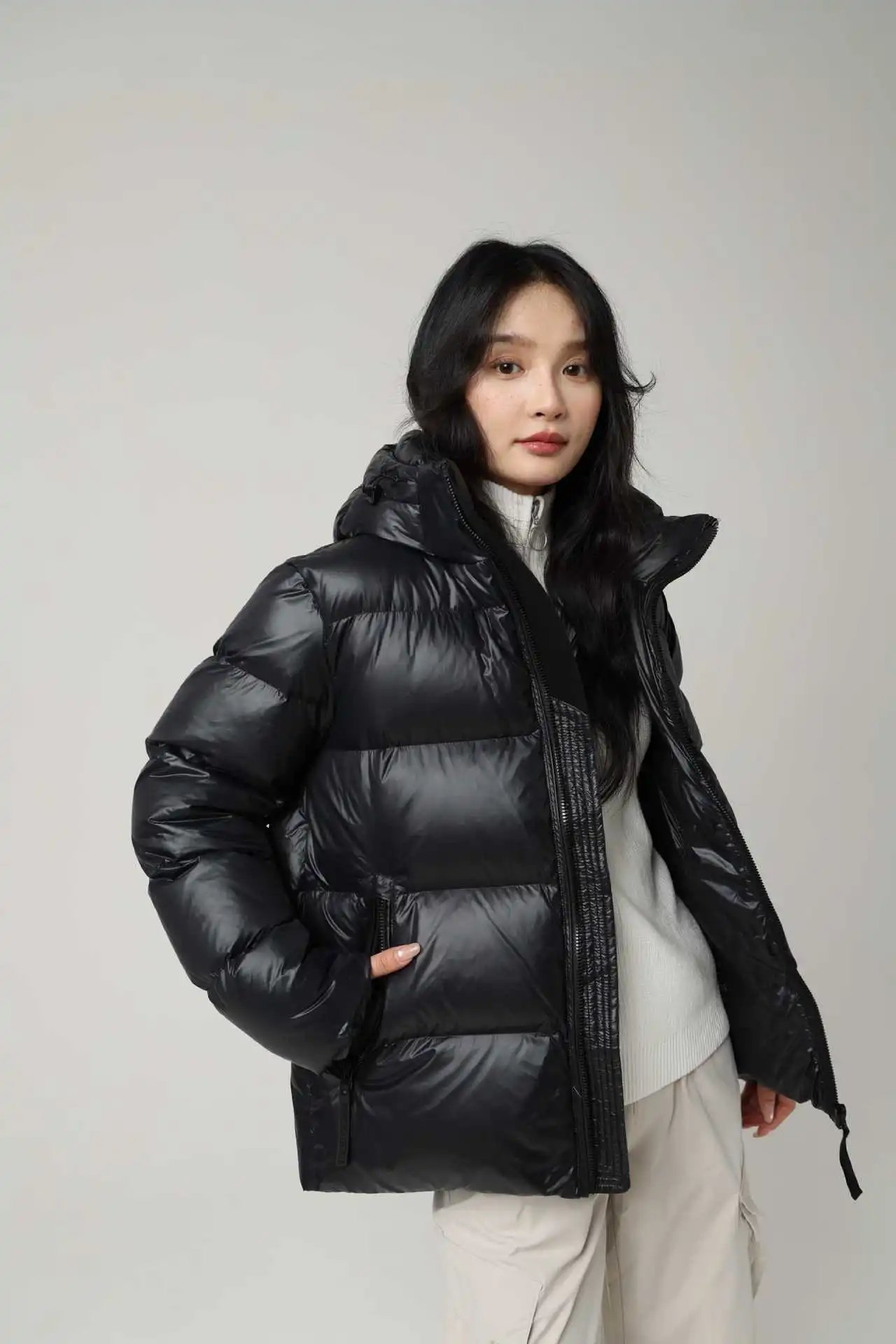 Design Black Glossy Down Jacket with Hood Down Jacket - 10