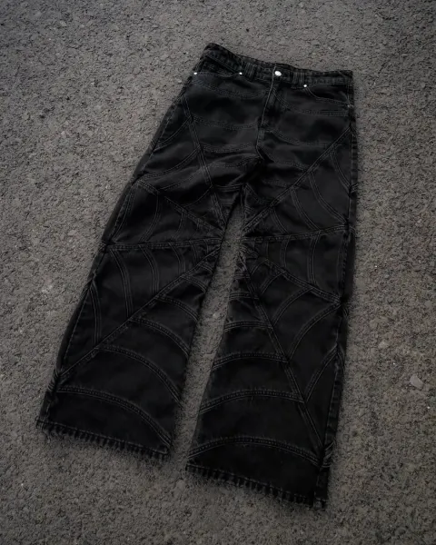 Design Spiderweb Patchwork Black Jeans - 1