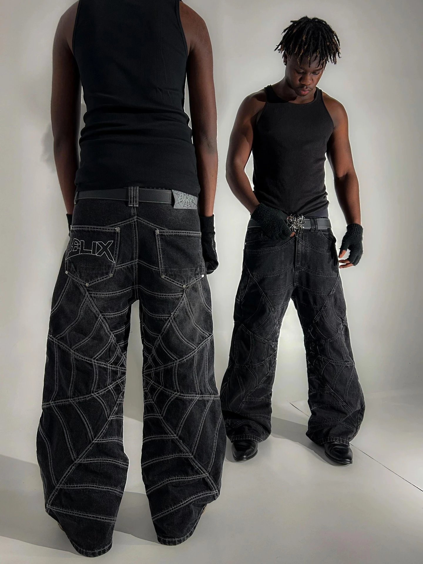 Design Spiderweb Stitched Black Wide-Leg Jeans - 10