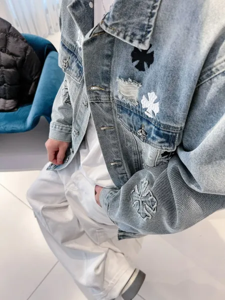 Chrome Hearts Embroidered Distressed Denim Jacket Light Wash Denim-Jacket - 7