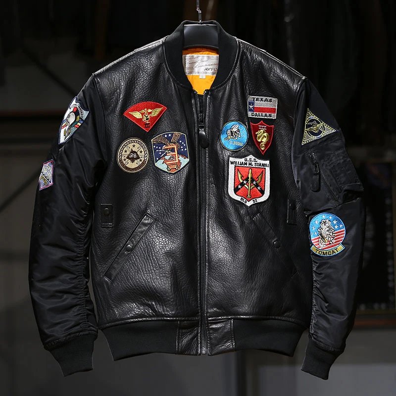 Design Alpha Industries MA-1 Flight Jacket Black Leather with Patch Embellishments Leather Jacket - 7