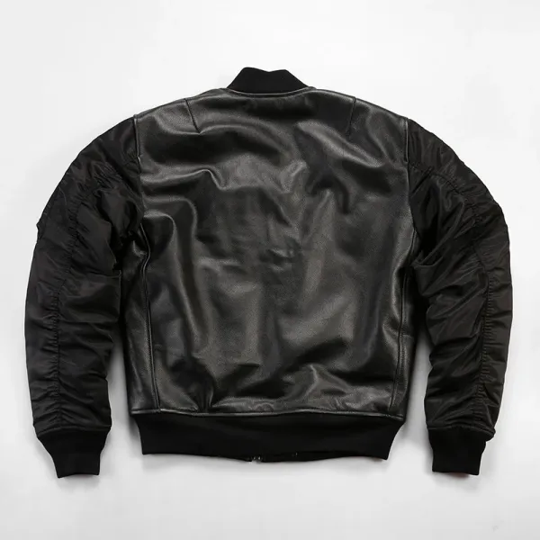 Design Alpha Industries MA-1 Flight Jacket Black Leather with Patch Embellishments Leather Jacket - 13
