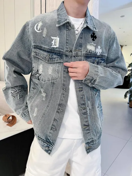 Chrome Hearts Embroidered Distressed Denim Jacket Light Wash Denim-Jacket - 15