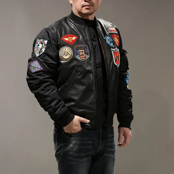 Design Alpha Industries MA-1 Flight Jacket Black Leather with Patch Embellishments Leather Jacket - 3