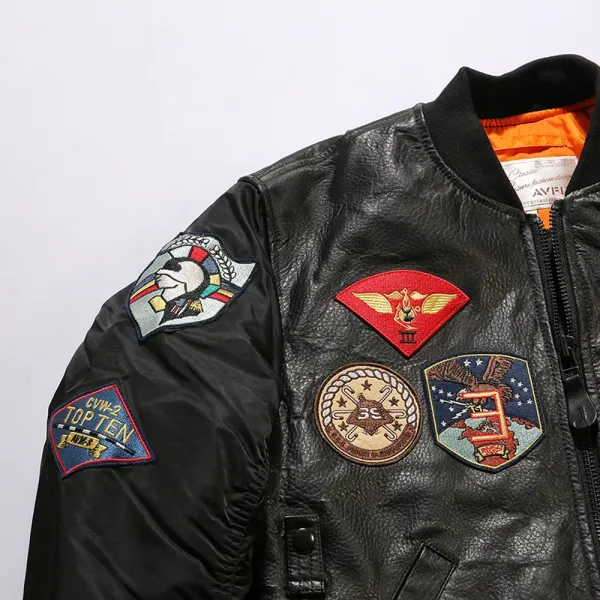 Design Alpha Industries MA-1 Flight Jacket Black Leather with Patch Embellishments Leather Jacket - 17
