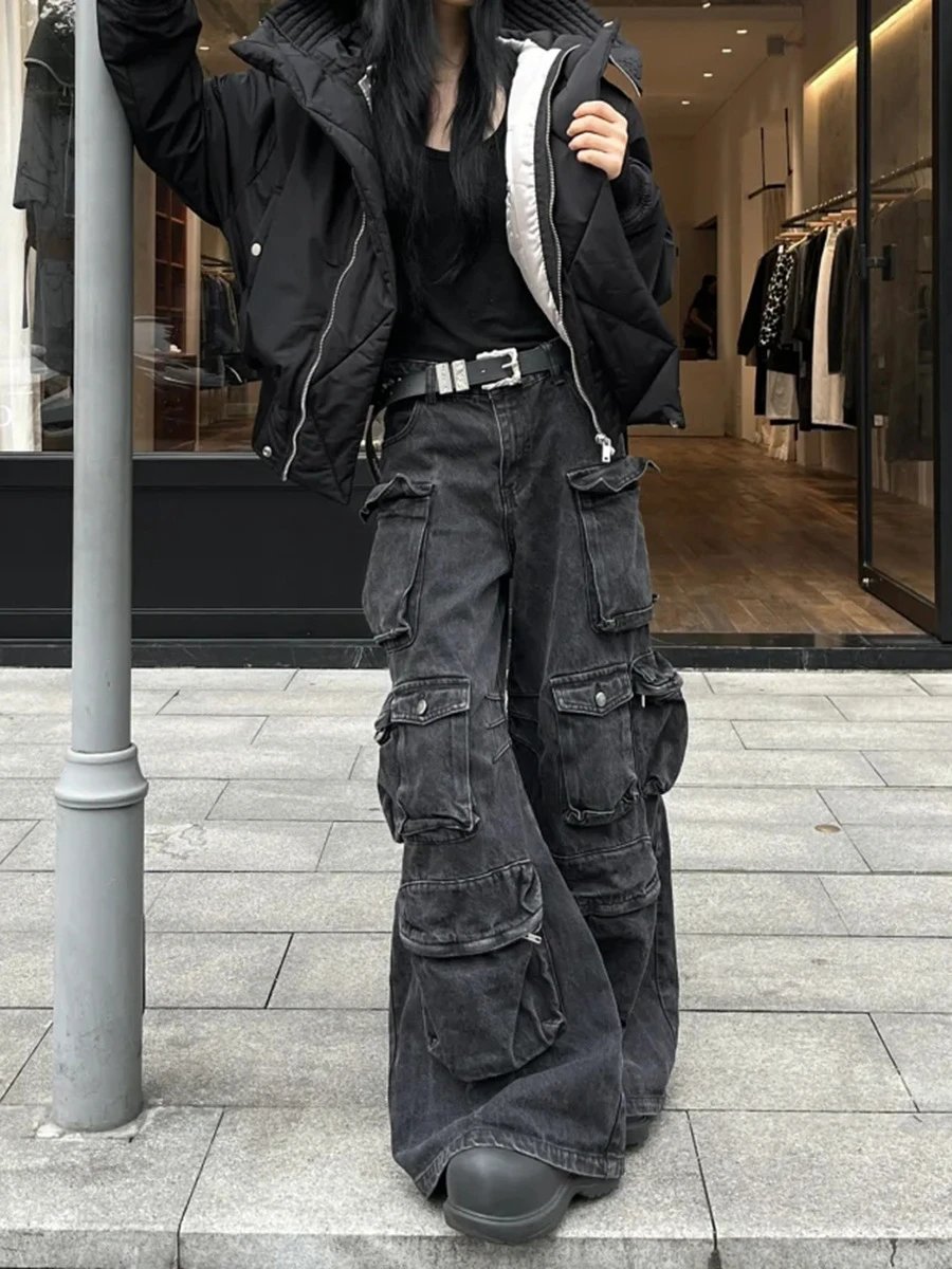Design Cargo Pants Black Washed Wide-Leg Jeans - 8