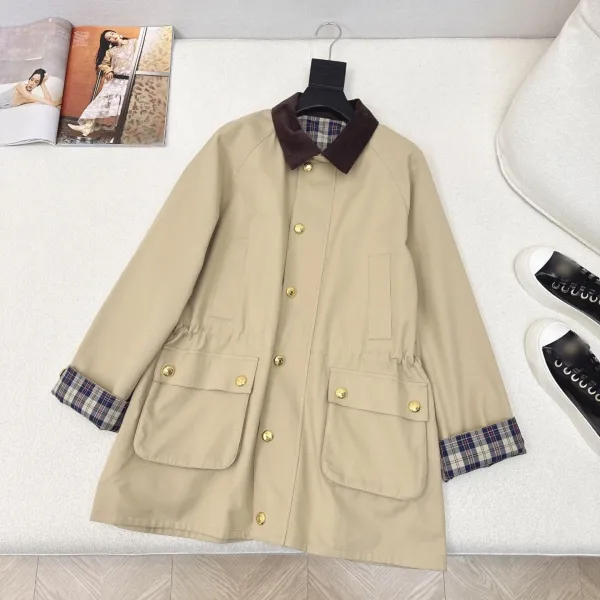 Design Utility Jacket Beige with Plaid Cuff and Corduroy Collar Outerwear - 1